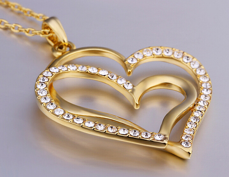 厂家新款韩美外贸饰品 满钻双心项链 项坠 相依相靠女生日礼物