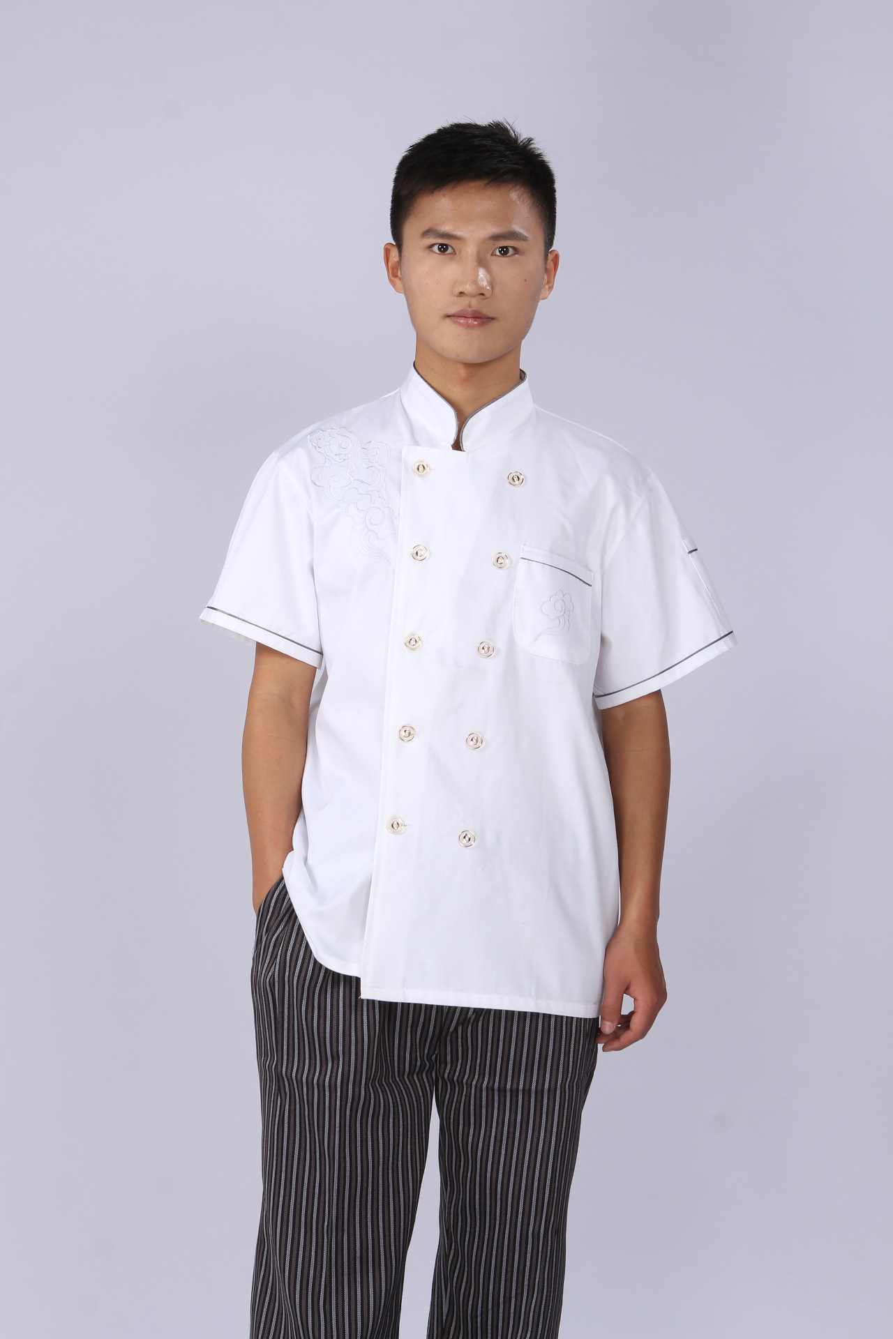 白色祥云厨师服短袖春夏季厨师服批发酒店工作服套装可印logo