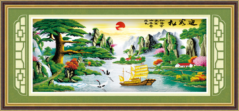 客厅立体装饰画 新款大幅迎客松财运版5d钻石画 风景钻石画批发