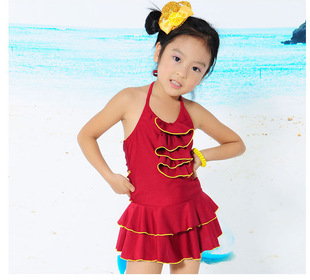 韩版2015新款女童可爱小甜心连体裙式温泉泳衣 一件代发