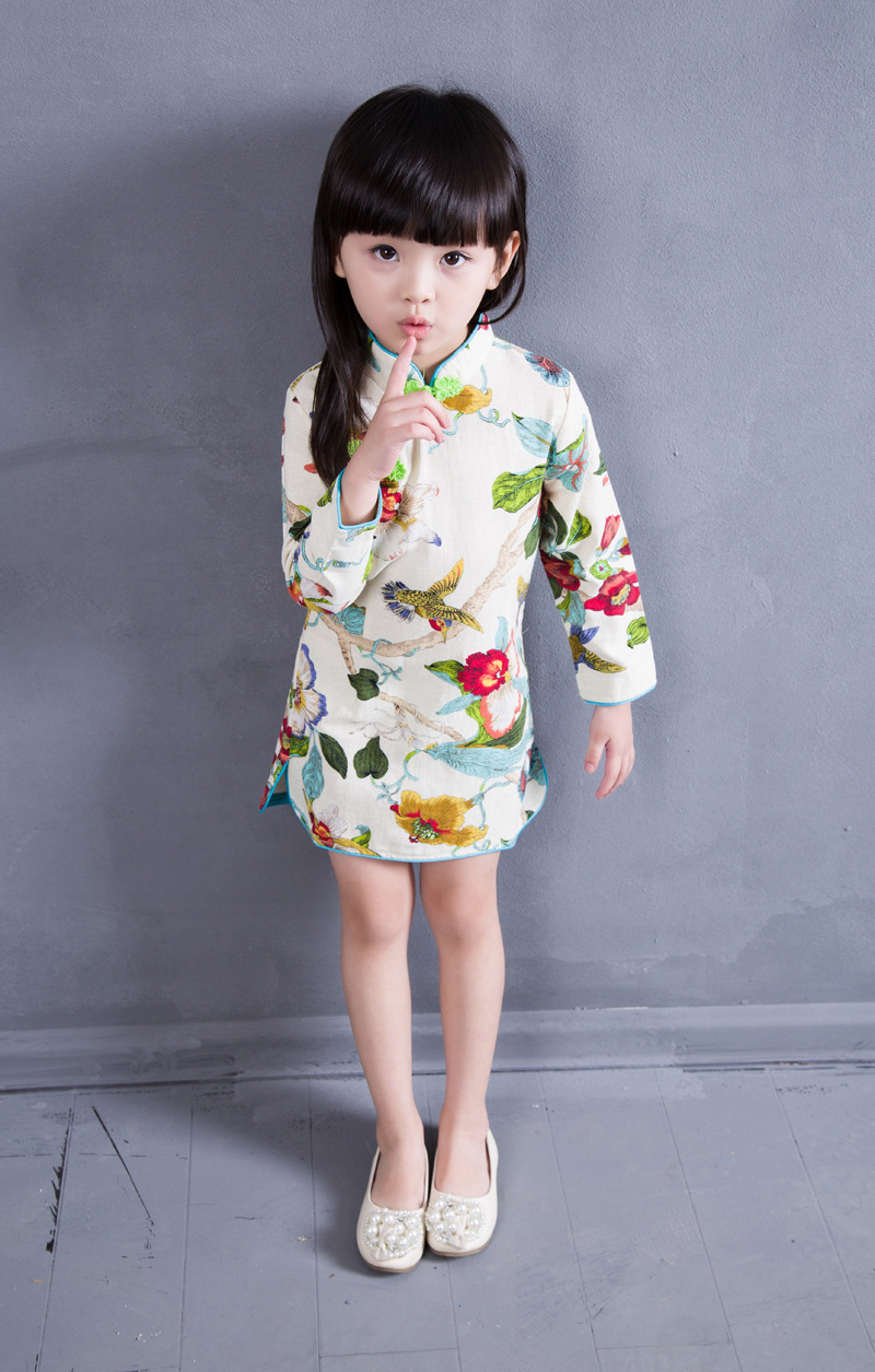 15热卖童装秋装新款女童棉麻长袖印花旗袍 儿童宝宝连衣裙演出服