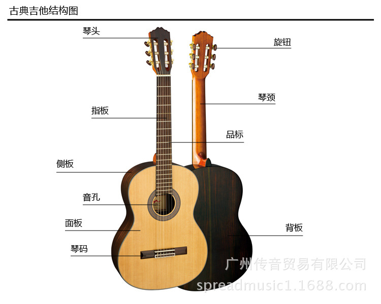 传音牌古典吉他 39寸正桶亮光 云杉面板吉它 椴木背侧板 c