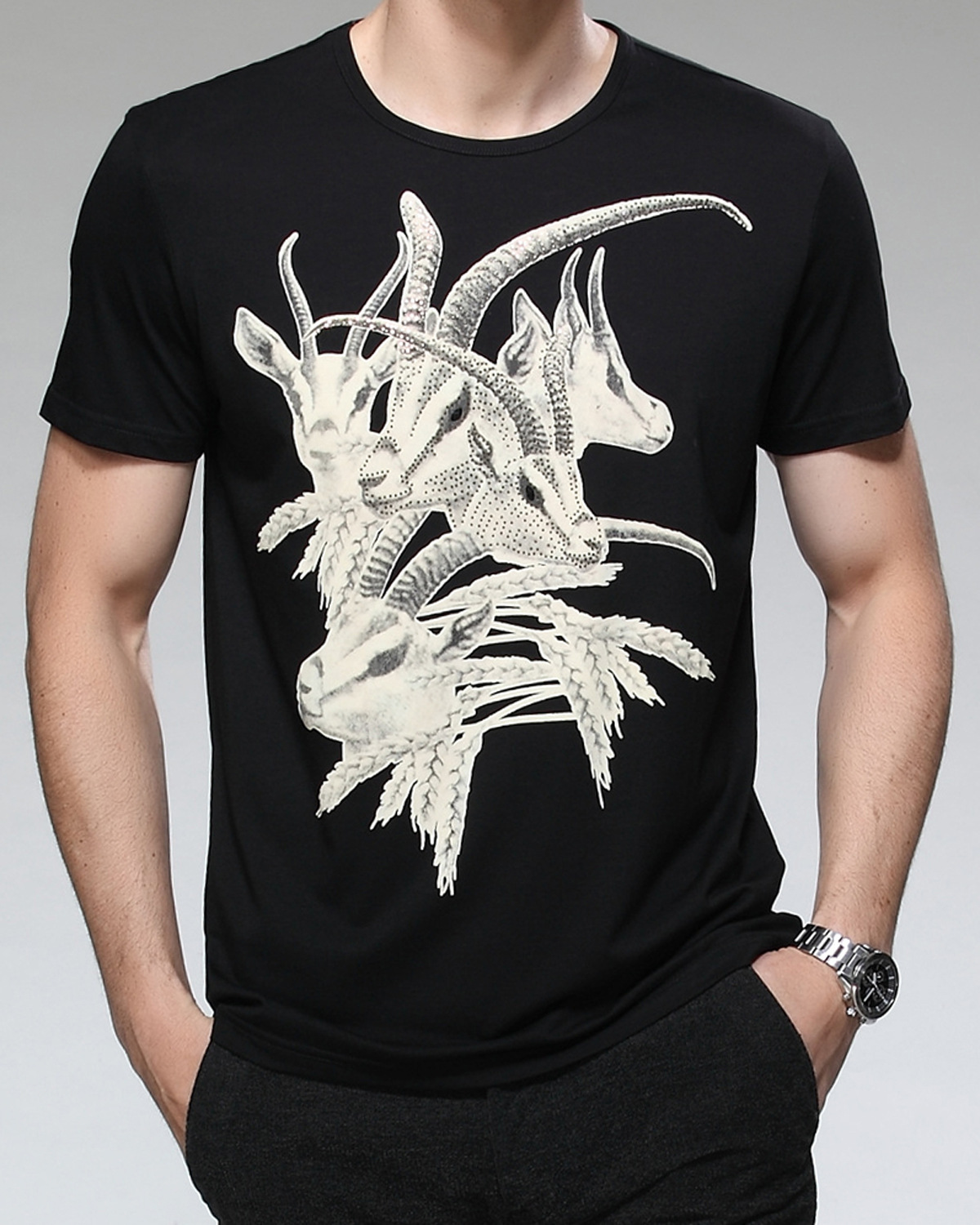 15新款夏装时尚男式圆领印花羊头宽松t恤男士短袖t恤衫休闲版