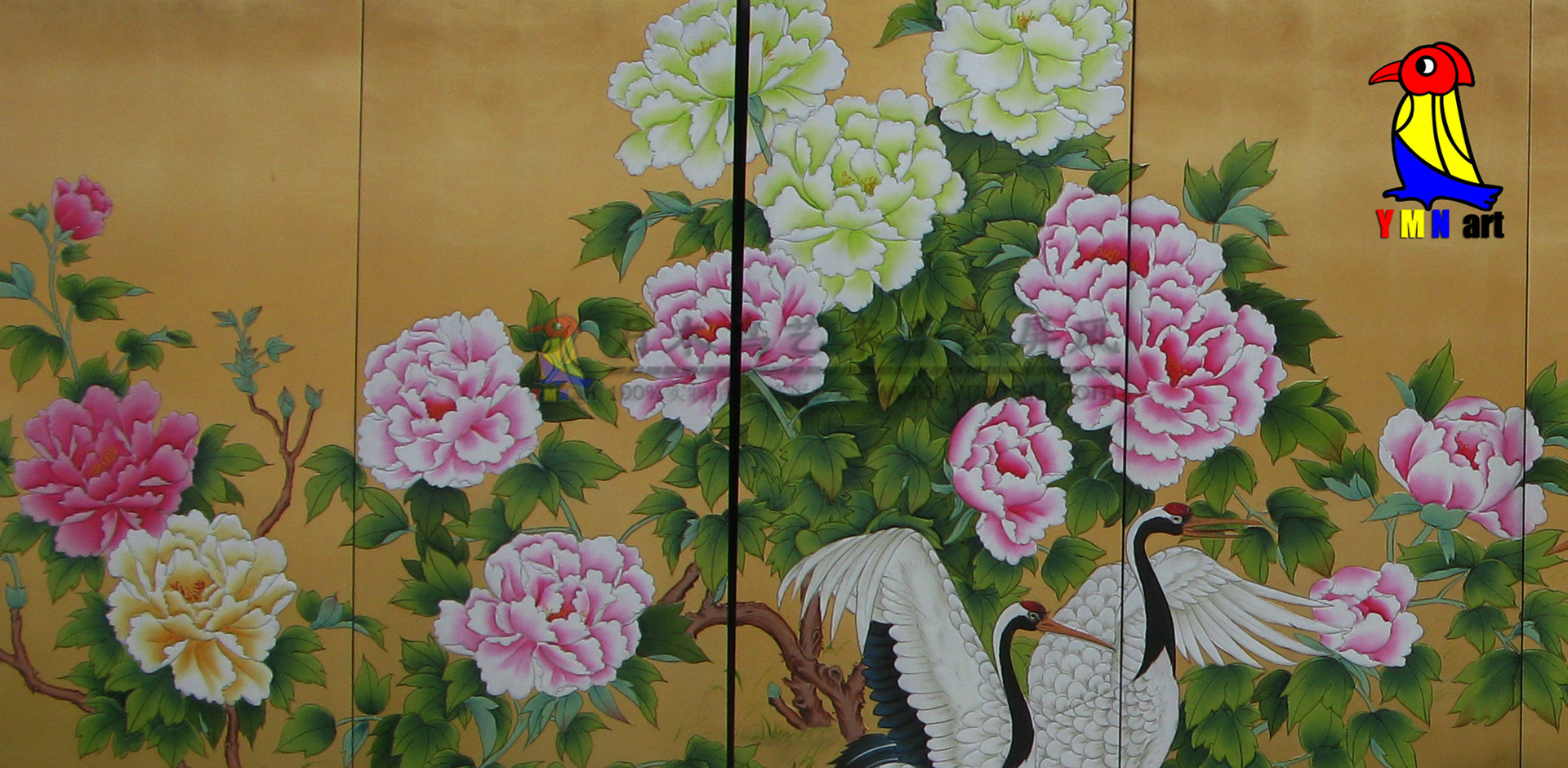 酒店大型金箔手绘屏风国画工笔仙鹤漆画屏风客厅隔断八扇折叠屏风