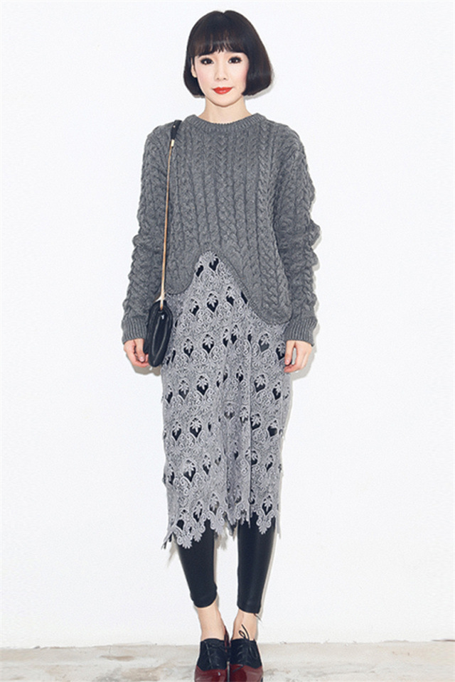 欧美风麻花蕾丝拼接下摆圆领长袖针织衫女冬打底衫毛衣连衣裙图片_10