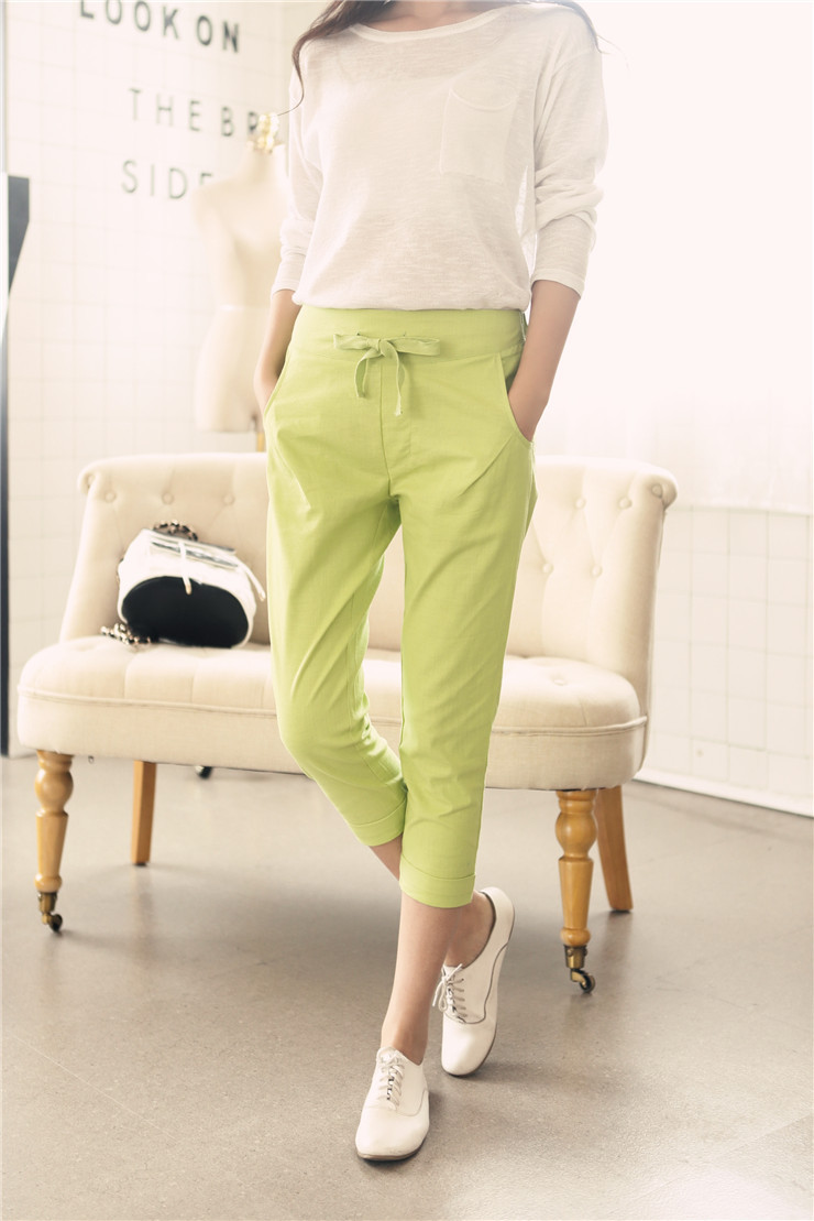 宽松棉麻七分裤韩版松紧腰女显瘦哈伦裤女休闲裤