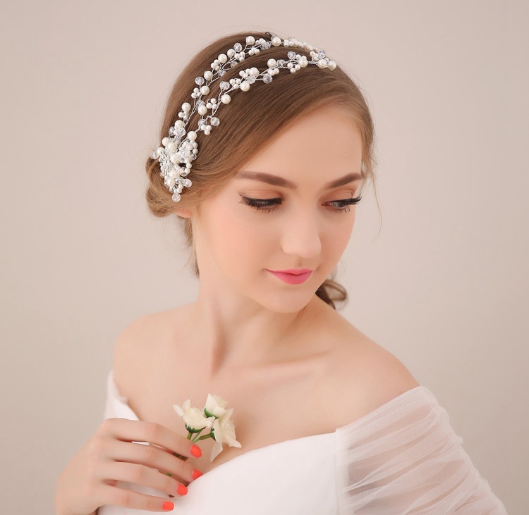 新娘珍珠水晶串珠头饰 韩式结婚发饰 婚纱礼服配饰软链
