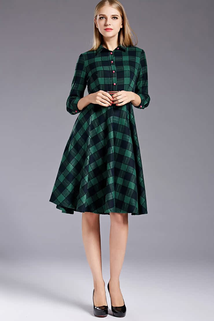 欧美大牌女装一件代发格子连衣裙品牌秋装新款女长裙新款15080720