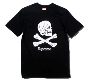 supreme x neighborhood 20周年骷髅头印花黑白色纯棉短袖t恤