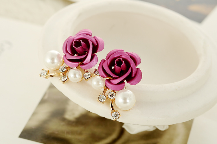 耳钉 韩版 e627淑女风玫瑰花闪钻耳钉 高品质保色电镀 耳针防过敏