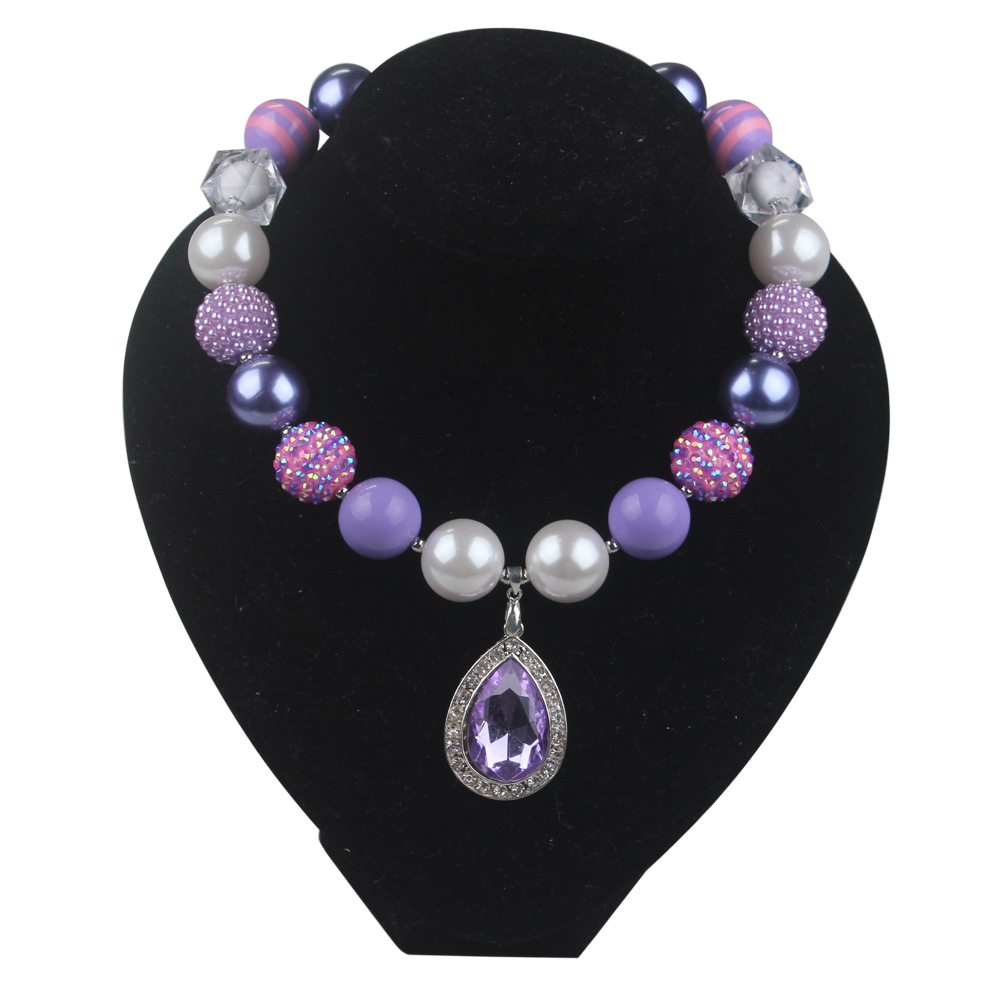 紫色水晶水滴吊坠儿童串珠项链 新款韩版夸张女童夏季服饰配件