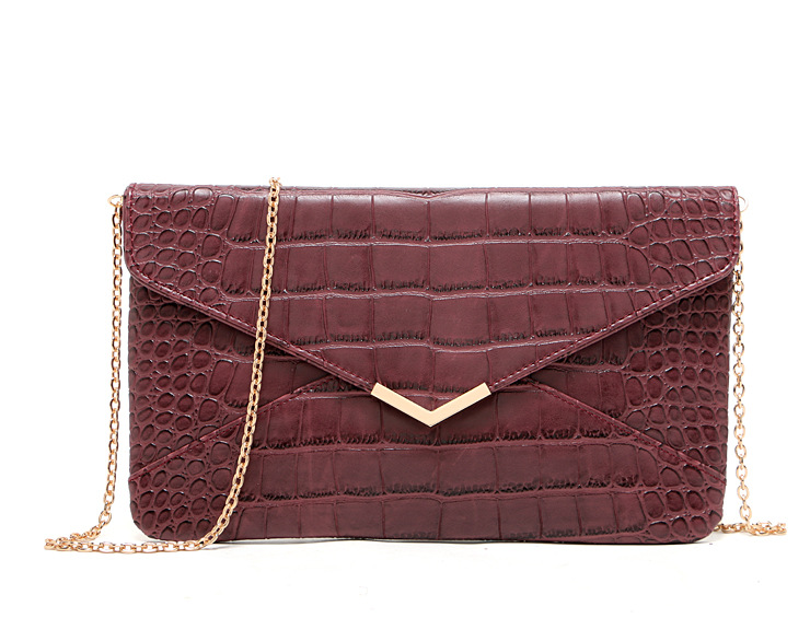 外贸原单胭脂紫石头纹信封款手拿包 链条包