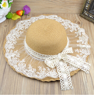 儿童时尚蕾丝花边草帽大檐帽遮阳帽子女夏天防晒韩版亲子一件代发