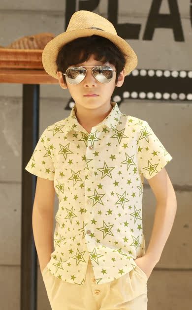 雪可儿2015童装夏款儿童大五角星短袖男童欧美风衬衫 一件代发