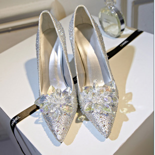 欧洲站2015夏季新款女鞋 真皮细高跟尖头水晶鞋女单鞋批发