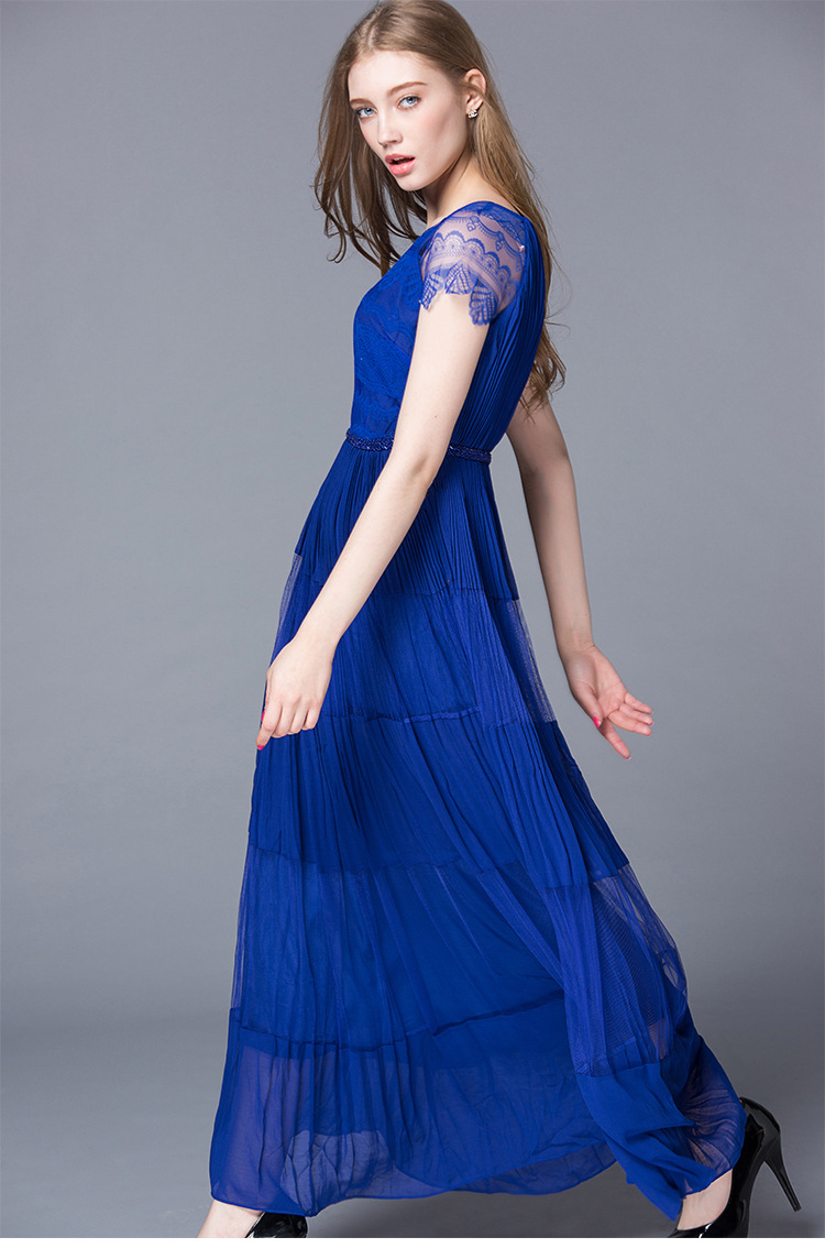 2015春夏季新款欧美时尚连衣裙 圆领收腰修身气质蕾丝长裙 批发