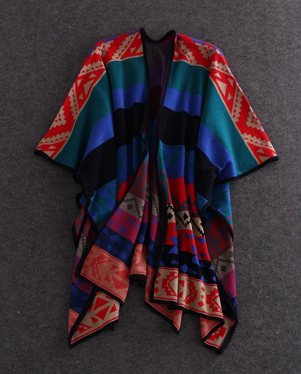 2015秋款 欧洲站 女装批发 毛线针织几何拼色斗篷披肩wa19 69