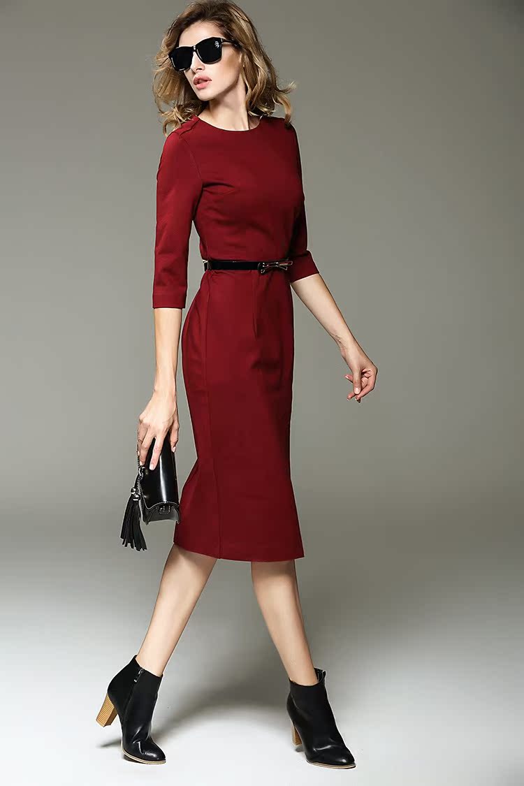 欧洲站女装新款秋季开叉一步裙 纯色拼接罗马布中袖连衣裙 907171