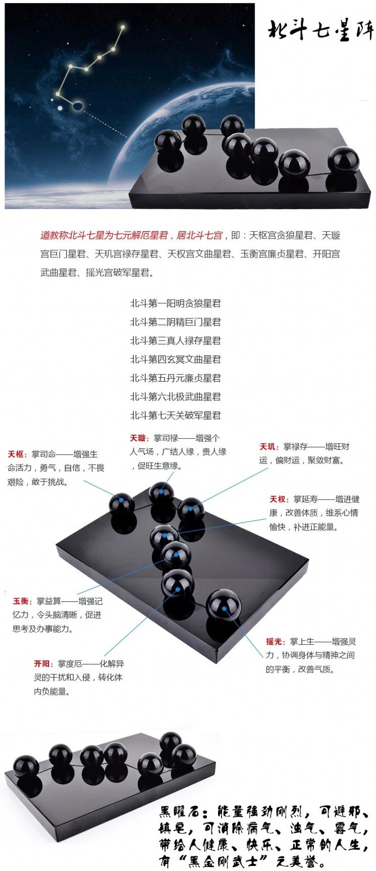 风水摆件 天然黑曜石北斗七星阵摆件 转运辟邪 家居 办公摆件