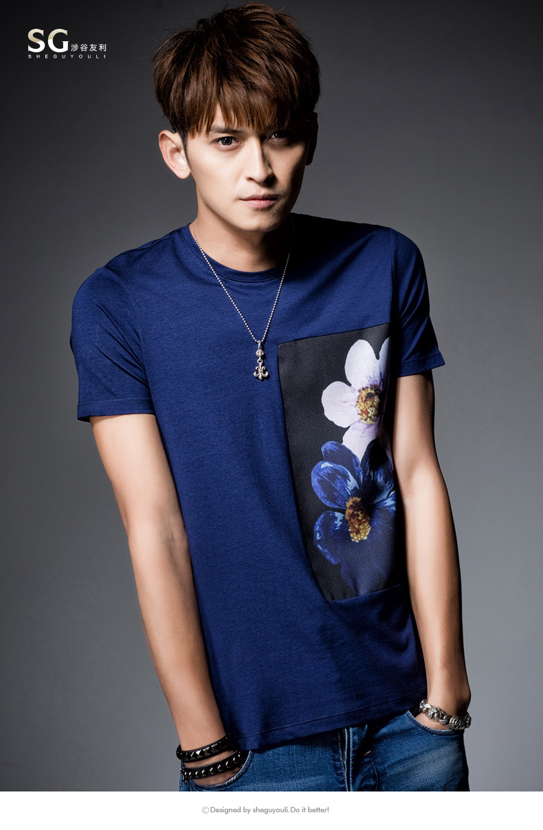 涉谷2015新夏装时尚休闲拼接印花男装韩版修身创意潮男士短袖t恤