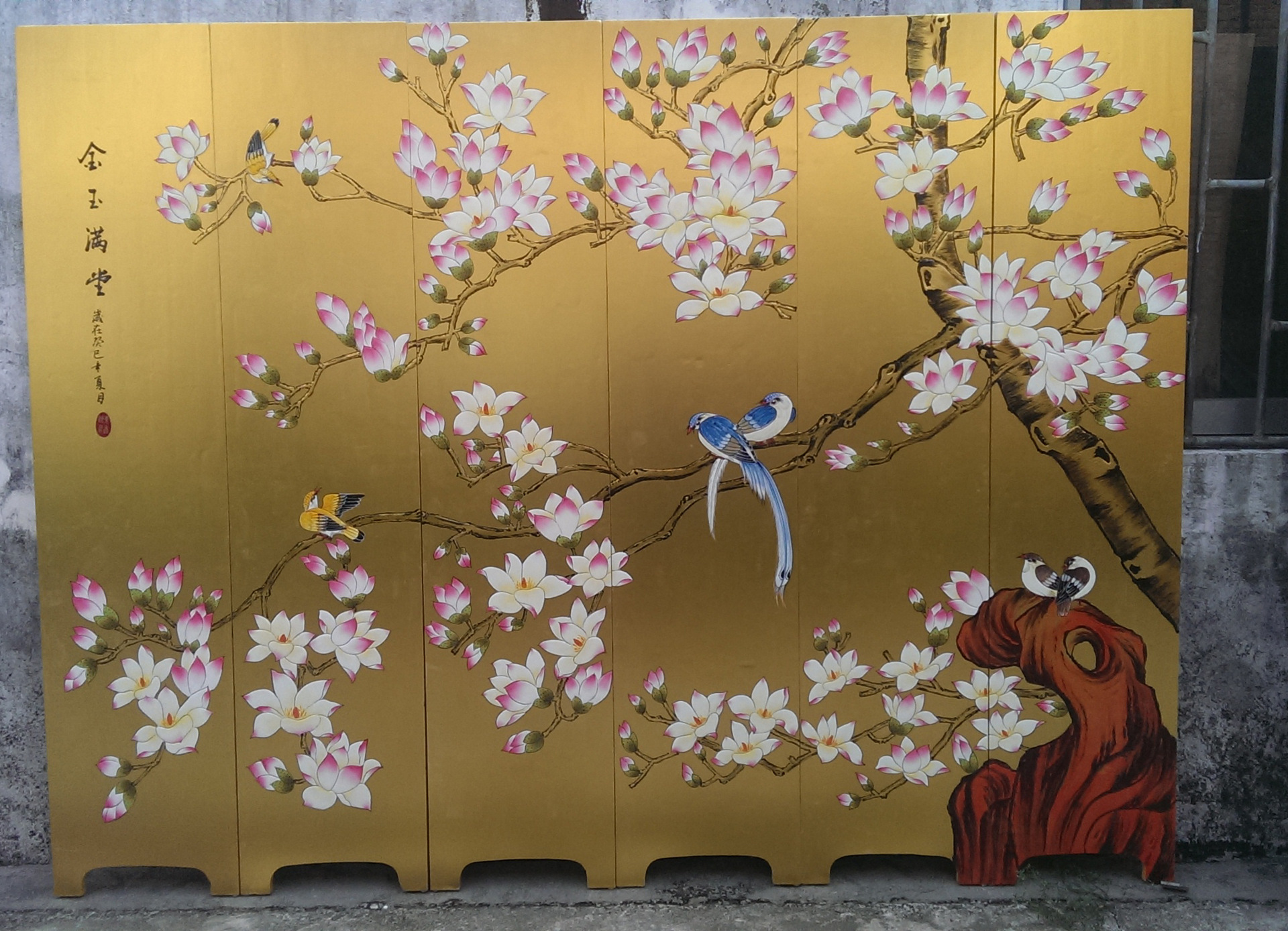 手绘漆画酒店屏风折叠移动玉兰花鸟卧室客厅酒楼装饰隔断屏风定制