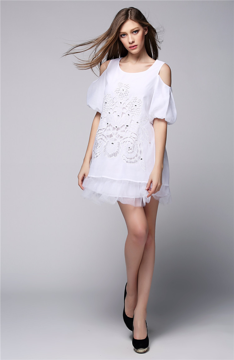 欧洲站2015新款泡泡袖网纱蓬蓬裙短裙镂空绣花钉珠连衣裙
